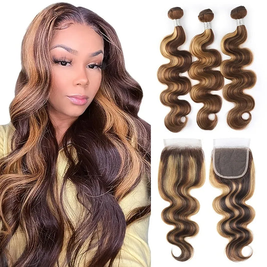 Ombre Honey Blonde Body Wave Brazilian Human Hair Bundles With 4x4 Lace Closure