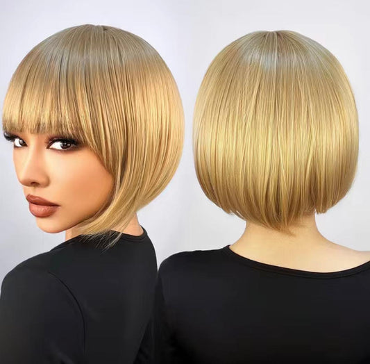 Short Straight Blonde Synthetic Hair Bob Wig With Bangs
