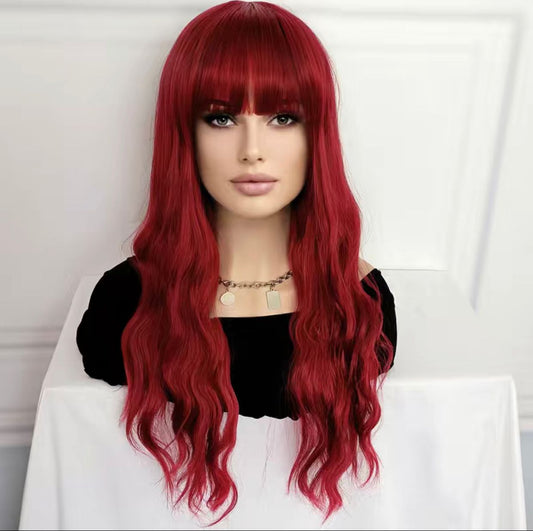 24 Inches Burgundy Natural Straight Heat Resistant Fibre Wig With Bangs