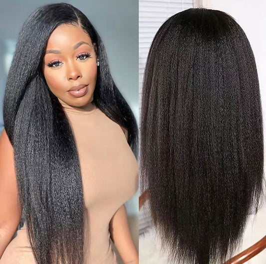 150% Natural Black 13x4 Lace Front Brazilian Remy Human Hair Kinky Straight Wig