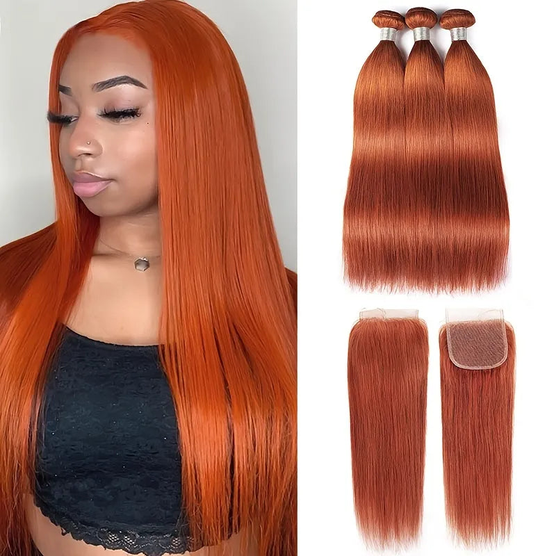 Ginger Orange Straight Brazilian Human hair 3 PCs Bundles with 4x4 lace Closure (Free Part)